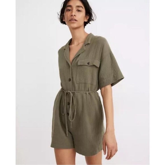 Madewell Lightspun Belted Safari Romper Olive Army Green Size M - Picture 2 of 14